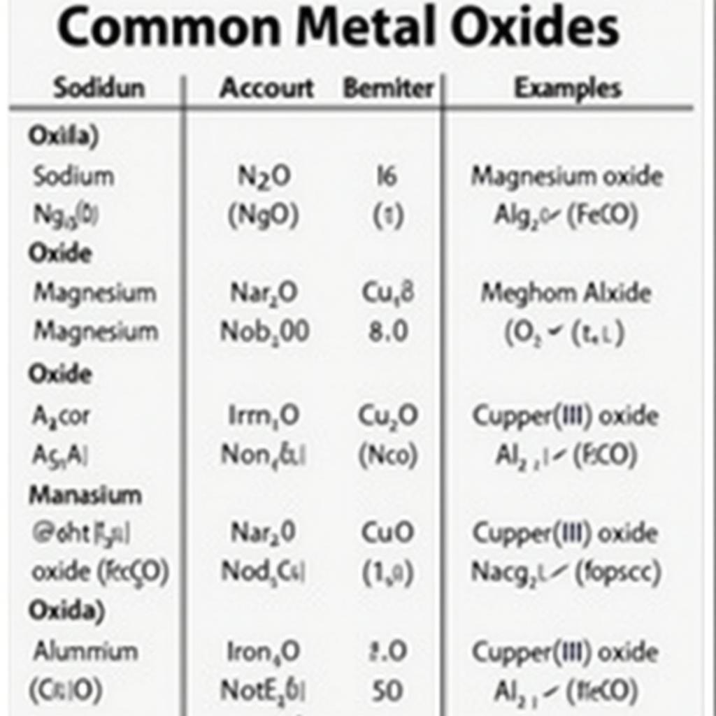 Ví dụ về công thức oxit kim loại